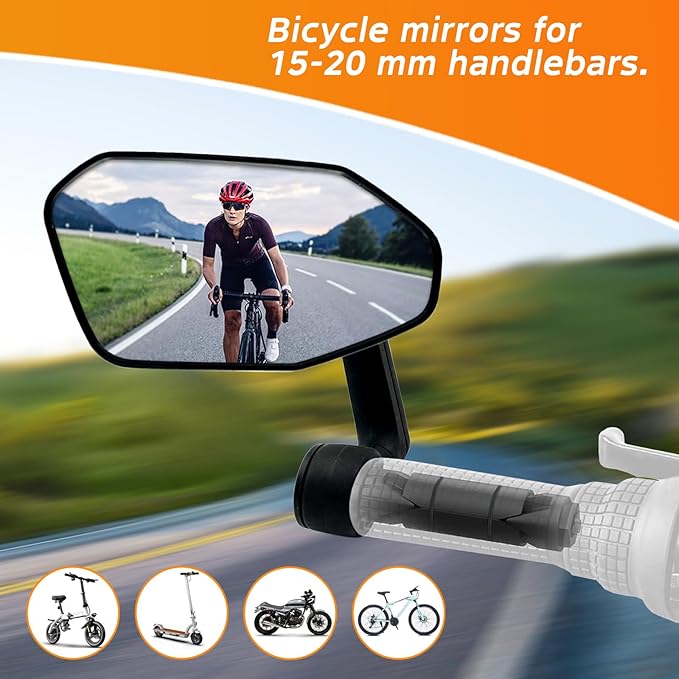Bike Mirror, Adjustable Bicycle Mirror Handlebar Mount, Scratch Resistant HD Glass Lens, Large Bar End Rear View Mirror for E-bike, Mountain Bike, City Bikes & Scooter (Left 0.59-0.78")