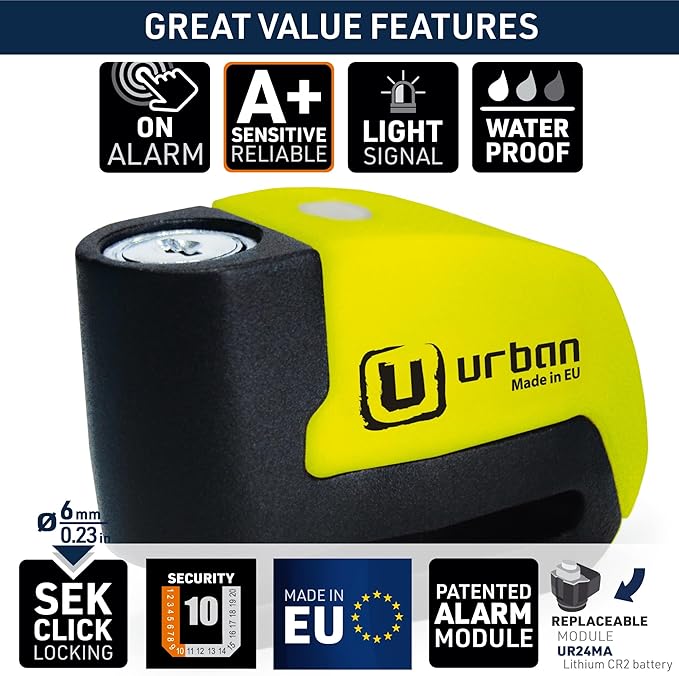 URBAN UR6 Hi-Tech Motorcycle Disc Lock with Smart Alarm | Best Value | 120dB, LED, Warning, A+ Sensitivity, Truly Waterproof, Long-Life CR2 Battery, Carried Locked, Bike Anti Theft Wheel Brake Locks