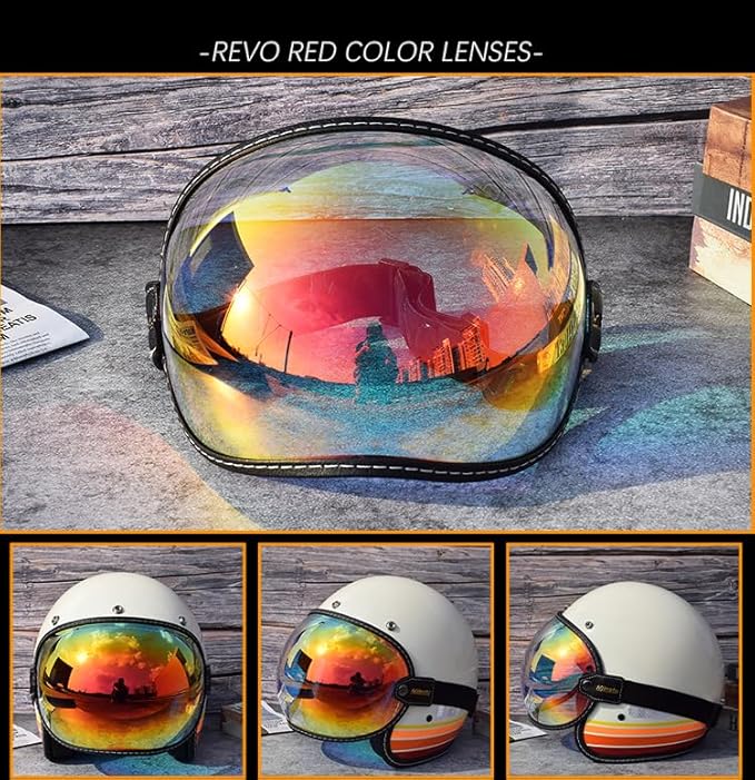 Universal Open Face 3/4 Helmet Visor Lens Bubble Motorcycle Windshield Capacete Lens Vintage Motorbike Helmet Goggles (Revo Red)