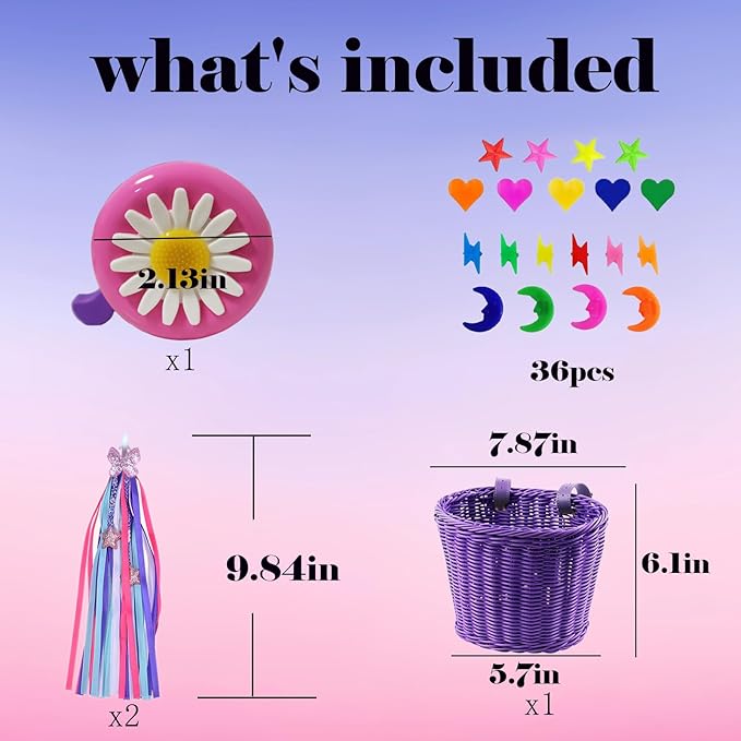 Girl Bike Basket Kid Bicycle Basket with Bike Bell,Bike Streamers,Bike Spoke Beads Bike Accessories Set