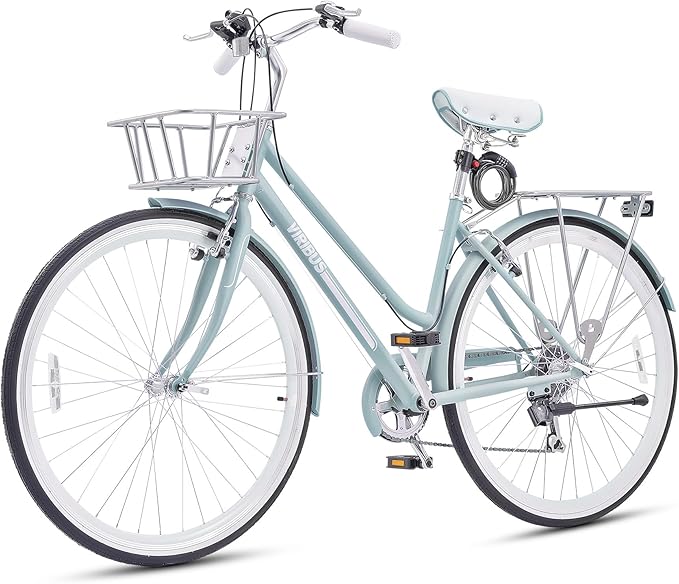 VIRIBUS Womens Hybrid Bike, 7 Speed Road Bike 28 inch for Women, 700C Adult Bicycle with Basket and Rack for Tall Ladies, Step Through City Retro Commuter Bicycle