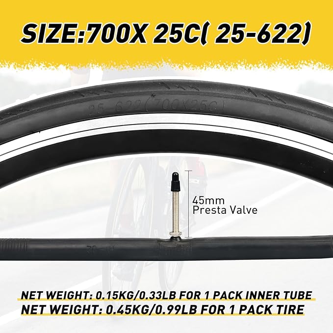 WEEROCK Two Pack 700C Road Bike Tire 700 X 25/700 X 28 Racing Bicycle Tire with 2 Pack Inner Tubes 45mm Presta Valve, Replace Bike Tyres, Black