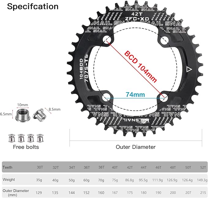 CYSKY 104 BCD Chainring 30T to 52T Narrow Wide Chainring with Sprocket Bolts for 1x Set-up Road Bike Mountain Bike BMX MTB Gravel Ebike