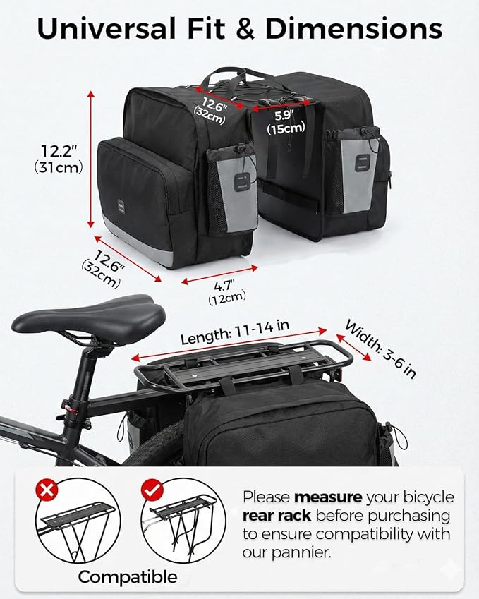 Bike Panniers 30L, Water Resistant Bicycle Saddle Bag for Rear Rack with Zipper Flap, Large Capacity Bike Bags with Bottle Holders, Reflective Pannier for Cycling Commuting Touring