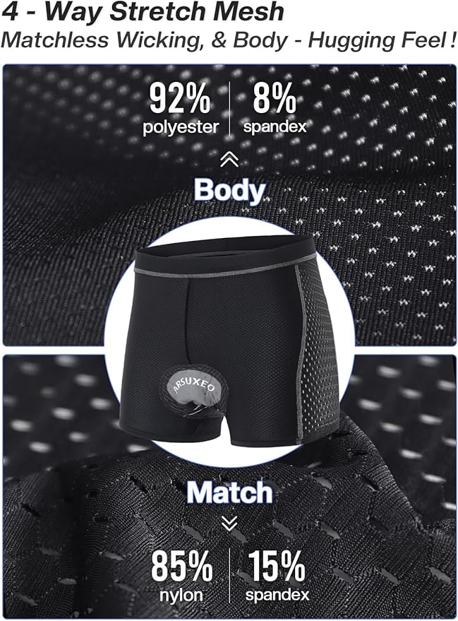 ARSUXEO Men's Cycling Underwear 4D Padded Bike Shorts Bicycle Biking Cycling Shorts with Padding Mountain Bike Liner