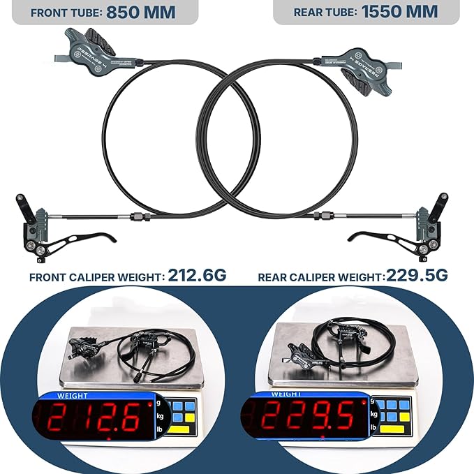 IIIPRO PEERAGE4 4-Piston MTB Hydraulic Disc Brake Set, Left Front 850mm Right Rear 1550mm Aluminum Alloy Lever Caliper for MTB/Trail/Fat Bike/XC AM DH