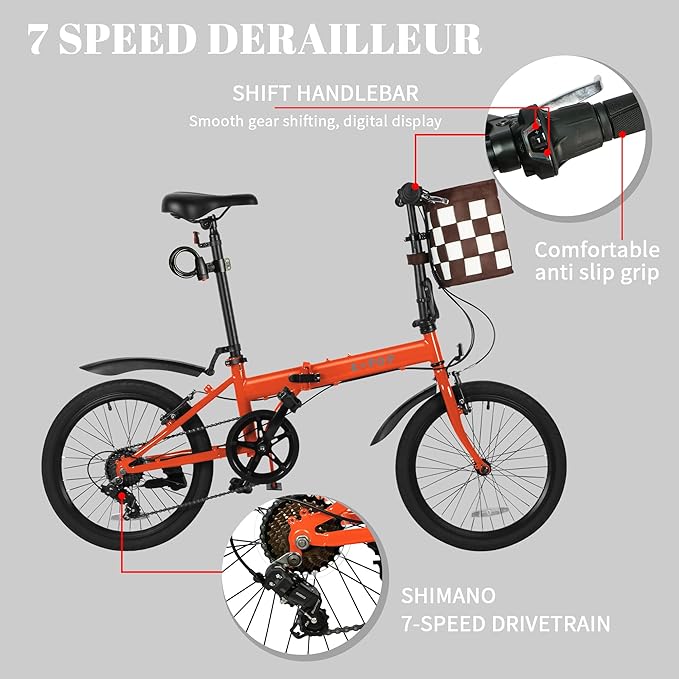 20 Inch Folding Bike for Adults, 7 Speed Foldable Bike with Basket, Lightweight Folding Bicycle with Adjustable Seat & Front and Rear V-Brakes (Orange)