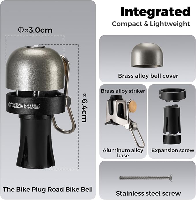 ROCKBROS Bike Bell Copper Alloy Bicycle Bell Road Bike Bells for Adults with 100dB Lound Sound and Fit for 0.87in/22.2 mm Bicycle End Plug