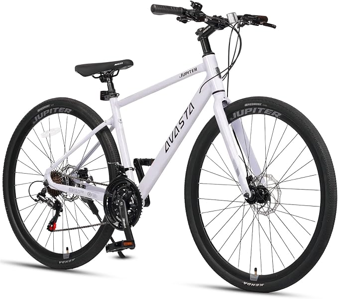 AVASTA Jupiter 700C Road Adult Step-Over Hybrid Cycling Bike Bicycle, Aluminum Frame, 21-Speed, Dual Disc Brakes, Multpile Colors for Men Woman Male Female