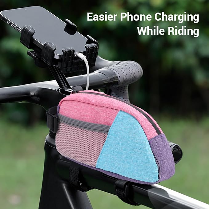 Fockety Top Tube Bike Bag, Color Blocking 0.8L Bike Frame Bag Bike Frame Storage Bag Bike Accessories Pouch for Mountain Road Bikes (Blue Pink Purple)