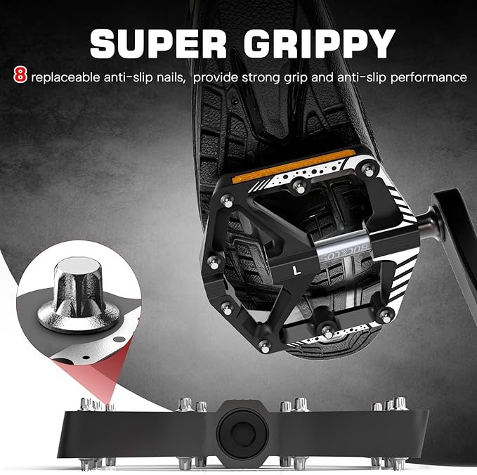 BUCKLOS Mountain Bike Flat Pedals Adult 9/16", Sealed Bearing Large Bicycle Pedal Aluminum Platform with Removable Anti-Skid Nails and Reflectors for MTB Road Gravel BMX Ebike Bikes