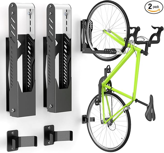 Swivel Bike Wall Mount 2 Pack Bike Rack for Garage, No Heavy Lifting Required Wall Bike Hangers Can Holds up to 77 lbs (Black & White)