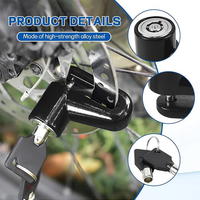Motorcycle Disc Brake Lock, Anti-Theft Motorbike Security Wheel Disc Brake Lock with Two Keys, Safety Wheel Disk Locks for Scooter Mountain Road Bike Bicycle Powersports (Black)