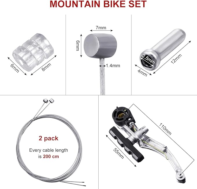 Universal Mountain Bike Brakes Set - 2 Pairs, Replacement for Most Bicycles, Includes 2 Pieces Brake Cables, Gear Shift Cable Wire, End Caps, End Ferrules
