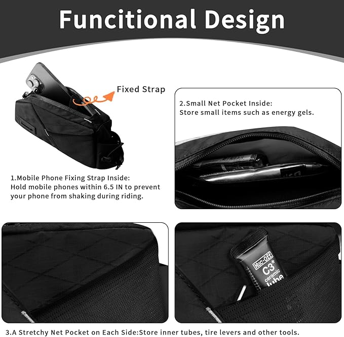 HUNTVP Top Tube Bike Bag Waterproof Bicycle Front Frame Bag Bolt on Top Tube Bags Cycling Frame Bags Pouch for Mountain Gravel MTB Road Bike Accessories, Black-1.2L