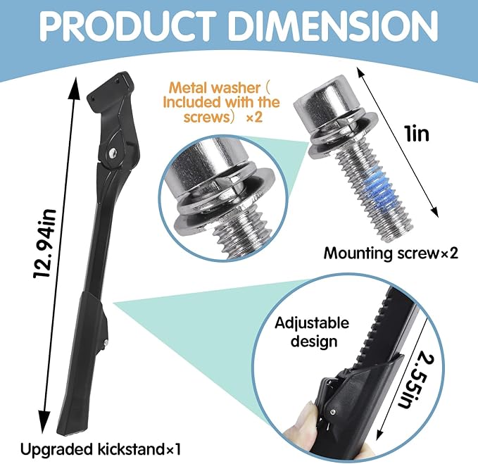 Kickstand Compatible with Ridstar Q20, Q20 Pro, H20pro, High-Strength Thickened Aluminum Alloy E-Bicycle kickstand, Fit 20-22 Inch E-Bicycles, Upgraded Adjustable Non-Slip (2 Screws 4 Metal Washers)