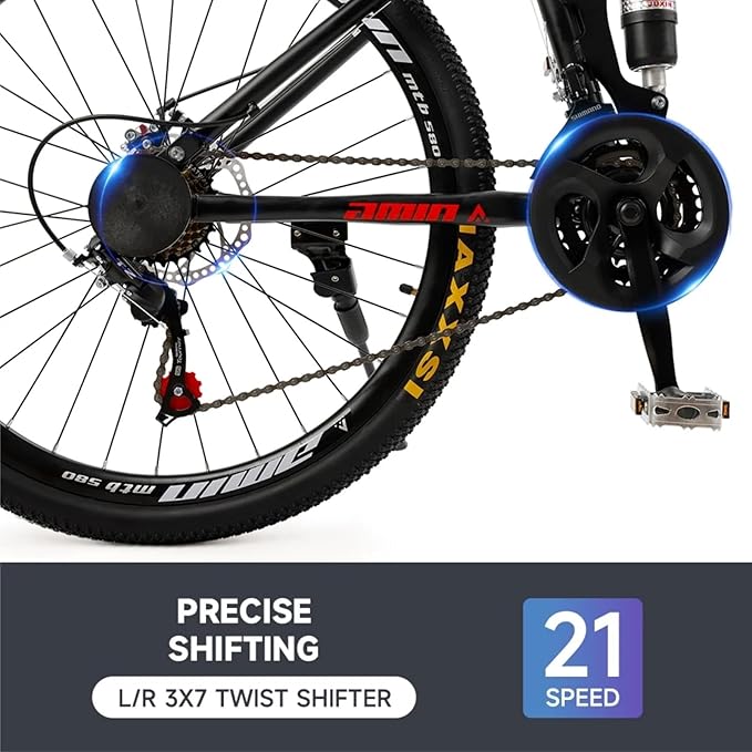 Bruce & Shark 26" Folding Mountain Bike for Men, 21 Speeds Full Suspension Commuter Bicycle, High Carbon Steel & Disc Brakes, Portable City Outdoor Bike for Adult Youth Teen