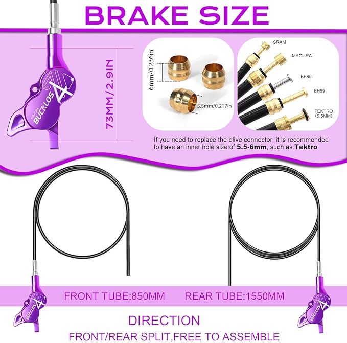 BUCKLOS MTB Hydraulic Disc Brake Set 4 Pistons Front 850mm and Rear 1550mm Hydraulic Brakes with Aluminum Alloy Lever with Caliper Ceramic Brake Pad Fit Mountain Bike,Ebike,Fat Bike HB-CP4 (Pre-Bled)