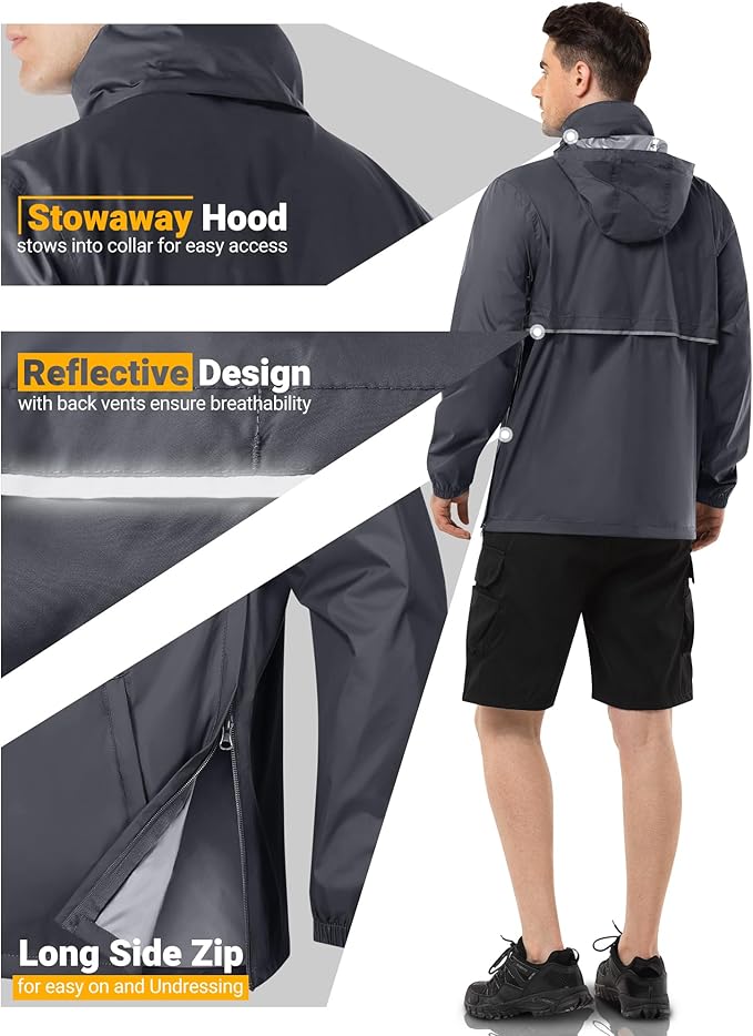 Outdoor Ventures Men's Rain Jacket Waterproof Lightweight Packable Rain Pullover for Hiking Golf Running