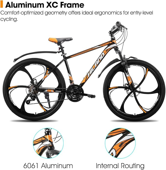 HILAND 26" MTB Mountain Bike for Men Women Adults, 18-Speed, Disc Brake, Lightweight Aluminum Frame, 3/6 Spoke Wheel