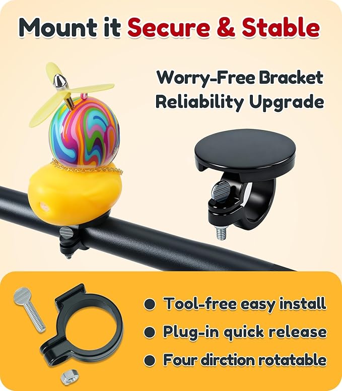 Rubber Duck Bike Decorations [New Stable Clamp Mount] Cute Squeak Duck Bike Bell [Two Helmet Propeller] Funny Bike Accessories E Scooter Motorcycle Cycling Gifts