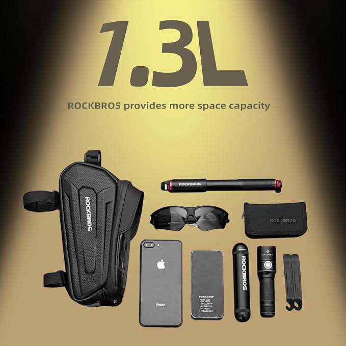 ROCKBROS Bike Phone Mount Racks & Bag, EVA Waterproof Bike Phone Holder Top Tube Front Frame Bag Bicycle Accessories Pouch for Phones Under 6.3” (Black-1.3L)