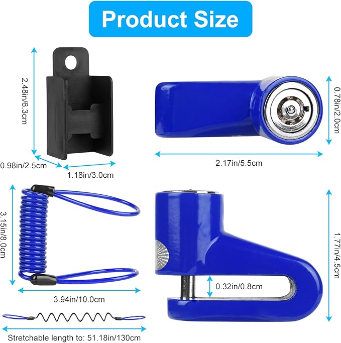 Ainiv Disc Brake Lock, Anti-Theft Cable Lock for E Scooter, Bike, Electric Bike, Skateboards, Strollers, Lawnmowers - Waterproof 5FT /12mm Cable with 2 Keys - Blue