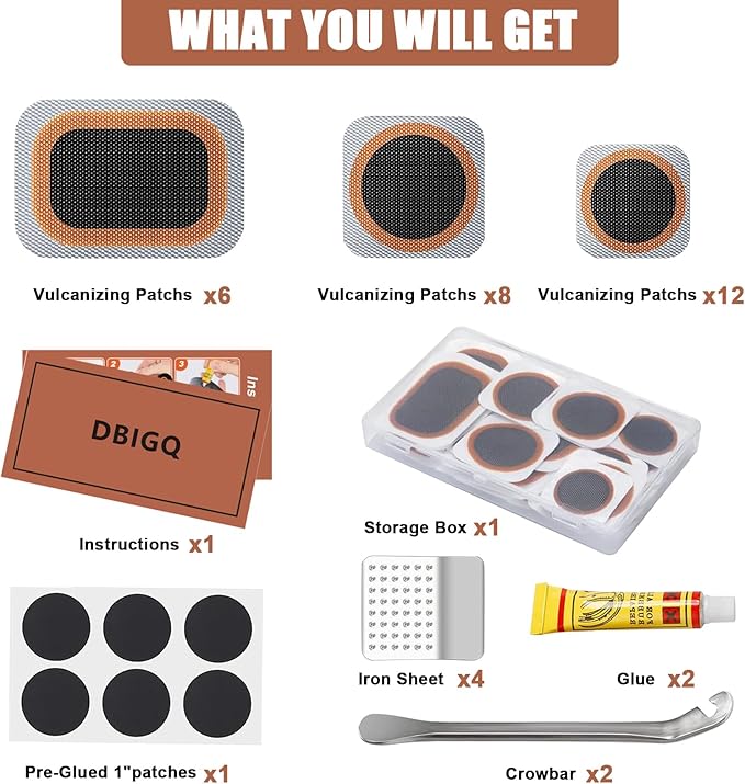 40PCS Bike Tire Repair Kit Vulcanizing Patches Metal Rasp Bicycle Inner Flat Tube Patch Kit for Mountain MTB Motorcycle BMX Road Cyclingwith Portable Storage Box