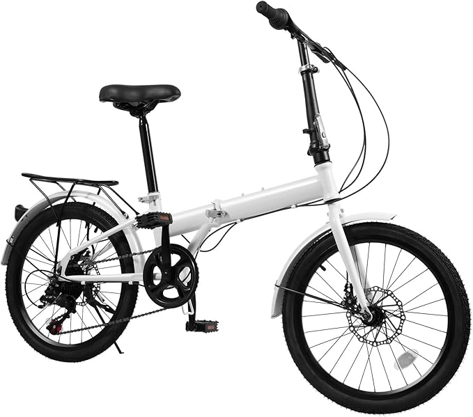 7 Speed Folding Bike, 20-Inch Foldable Bike Height Adjustable High Carbon Steel Frame Dual Disc Brakes Folding Bicycle for Adults Youth Men Women (White)…