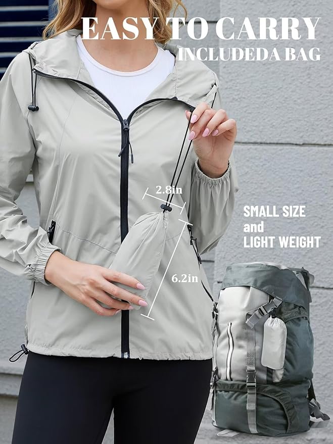 PITINAN Lightweight Rain Jacket Women Packable Wind Breaker Light Rain Jacket Women Waterproof Travel Raincoat S-XXL