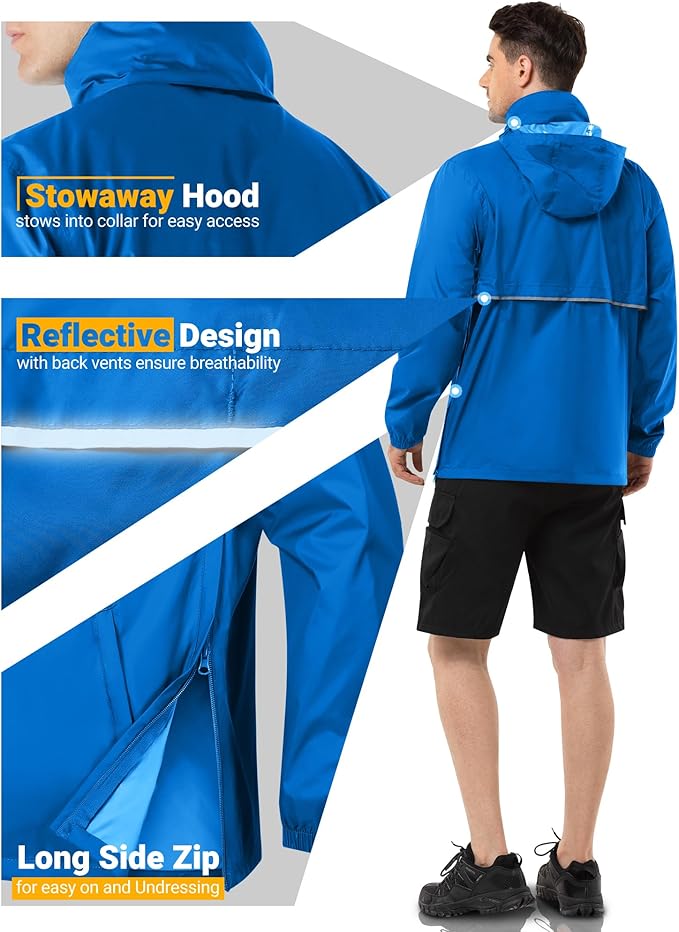 Outdoor Ventures Men's Rain Jacket Waterproof Lightweight Packable Rain Pullover for Hiking Golf Running
