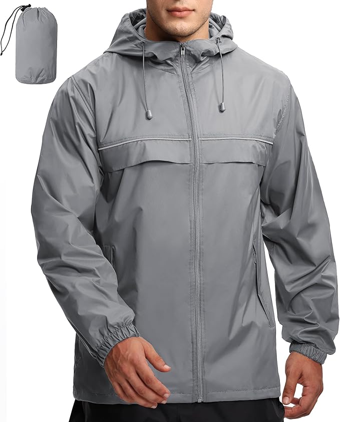 GEEK LIGHTING Rain Jacket Men Lightweight Waterproof Jackets Packable Windbreaker Hooded Raincoat for Golf Cycling Outdoor