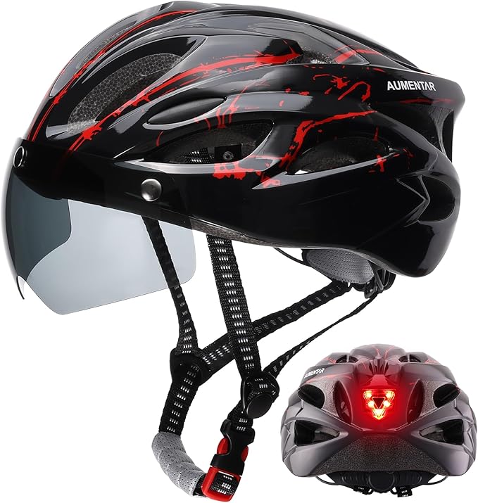 Adult Bike Helmet, Bicycle Helmet with Rear LED Light & Detachable Magnetic Goggles,Cycling Helmet Adjustable for Men Women Mountain & Road