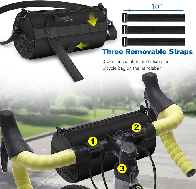 FINPAC Bike Handlebar Bag, Waterproof Bicycle Front Frame Storage Pouch for Cycling, Detachable Shoulder Strap, Mountain Road Bike Bag Bicycle Accessories, Black with reflective strips