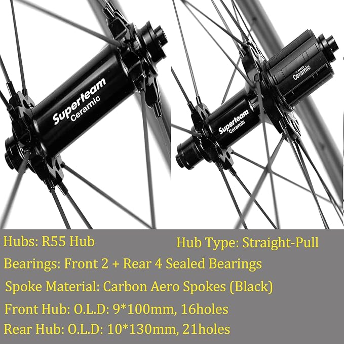 Superteam Carbon Wheelset 700c Rim V Brake 50mm Depth 25mm Width Road Bike Wheels Matte Finish, Tubeless Ready Support for 8-12 Speed Clincher & Tubeless