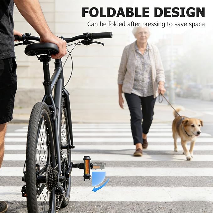 Folding Bike Pedals, Mountain Bike Pedals CNC Aluminum Bicycle Flat Pedals, 9/16'' with Reflective Strips | Non-Slip | Waterproof | Wide Flat Cycling Pedals for E-Bike, Urban Commute, MTB Bikes