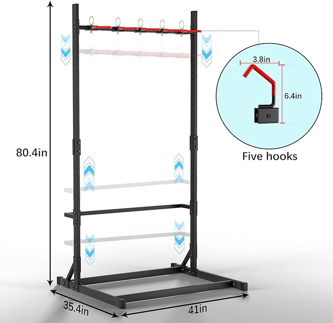 YOHKOH Freestanding Bike Rack 300LBS, 41" W x 35.4" D x 80.4" H Vertical Bike Stand with 5 Adjustable Hooks, PVC-Coated Hangers for Garage Indoor Storage, Space-Saving Floor Stand for 5 Bicycles