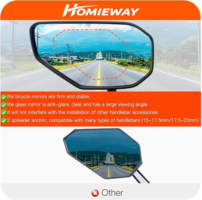 Bike Mirror, Bicycle Mirror for Handlebar Mount, Scratch Resistant Glass Lens Large Bar End Bike Rear View Mirror for E-bike, Mountain Bike, City Bikes & Scooter (Right 0.59-0.78")