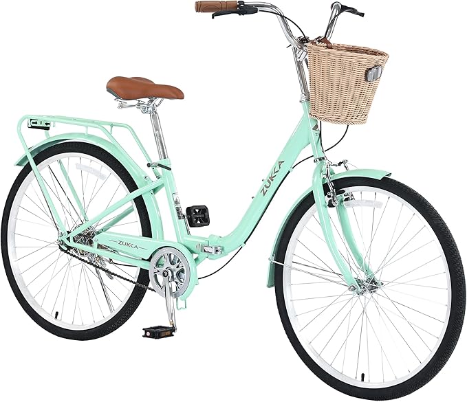 24/26 Inch Folding Girls/Womens Cruiser Bike，1-Speed Foldable Hybrid City Bicycle with Dual Brakes,Basket & Rear Rack，Adjustable Seat Post&Handlebar，3 Colors