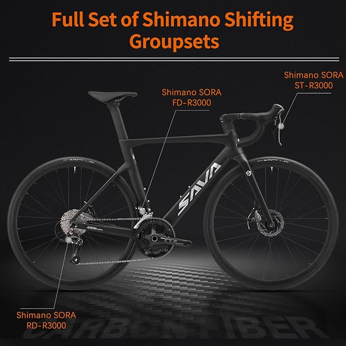 SAVADECK Carbon Disc Road Bike, Integrated Design Racing Bicycle Carbon Frame Carbon Fork with Shimano SORA R3000 Derailleur System 18 Speed Disc Brake Road Bike for Men or Women.