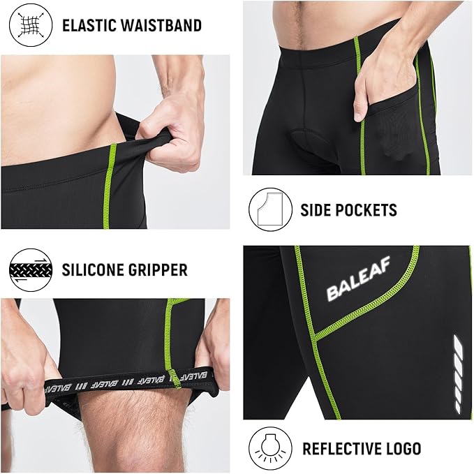 baleaf Men's Padded Bike Shorts Cycling Road Biking Riding Bicycle Cycle Wear Pockets UPF 50+ MTB Accessories Tights