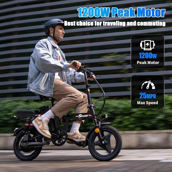 AZHAR Foldable Electric Bike for Adults Teens, 1200W Peak Motor, Up to 25 MPH, 45 Miles PAS Range, Dual Suspension, 14” Tires, 3-Speed Modes, Compact & Portable Electric Mini Bike, Commuting Ebike