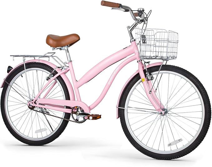 WEIZE Beach Cruiser Bike, 26 inch Commuter Bicycle for Adult Men and Women,High-Carbon Steel/Front & Rear Fenders, Comfortable City Bikes with Rear Rack or Basket, Ergonomic Upright Design