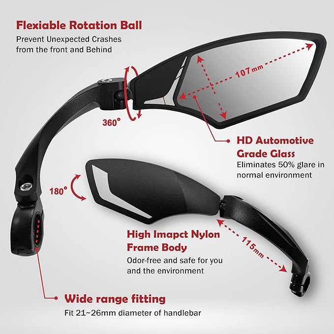 Hafny New Handlebar Bike Mirror, HD Blast-Resistant, Safe Crystal Clear Glass Lens, Adjustable Rotatable Bicycle Mirror, Rearview Mirror for Bicycle, HF-MR095