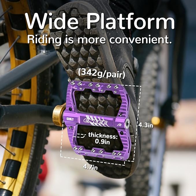 ENLEE Mountain Bike Pedals Flat, 3 Sealed Bearing Lightweight Aluminum Metal Bike Pedals 9/16", Waterproof MTB Pedals Flat with Removable Anti-Skid Nails for Adult Mountain Road BMX Bike