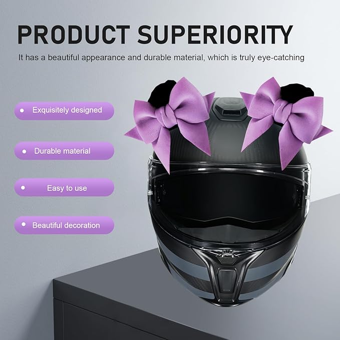 2 PCS Bow Cat Ears Helmet Decorations, Cute Plush Cat Ears Helmet Decor, Fun Detachable Decorative Accessories for Helmets, Universal for Motorcycle Bicycle Scooter Helmets (Purple)