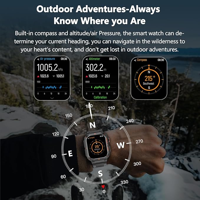 Smart Watch for Men, Military GPS Smartwatches with Call/Text, Health Monitor(Heart Rate/SpO2/Sleep), Compass/Altitude/Barometer, Outdoor Fitness Tracker for iPhone/Android(with GPS, Black)