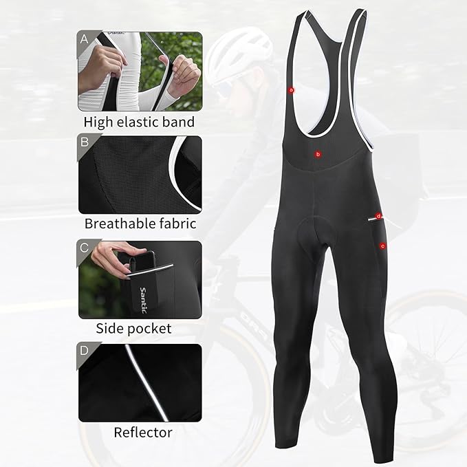 Santic Men's Winter Fleece Pro Cycling Bib Pants 4D Padded Thermal Cold Weather Bike Riding Pants with Pockets