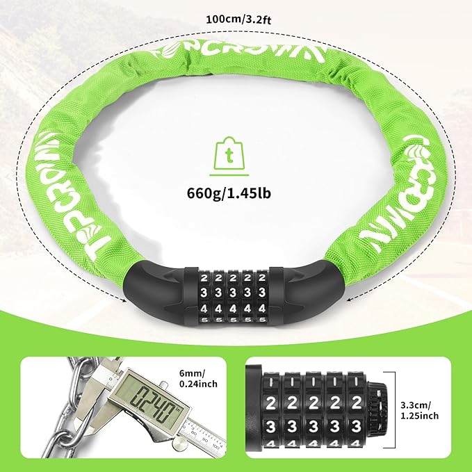 Bike Chain Lock 3.2Ft Long High Security Heavy Duty Anti Theft, 5 Digit Combination Resettable Keyless Bicycle Lock for Bike/Electric Scooter/Ebike/Motorcycle(Neon Green)