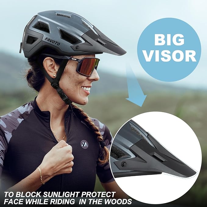 Favoto Adult Mountain Bike Helmet for Men & Women, Magnetic Buckle MTB Helmet with Removable Visor, Lightweight for Commuting & Off-Road Cycling